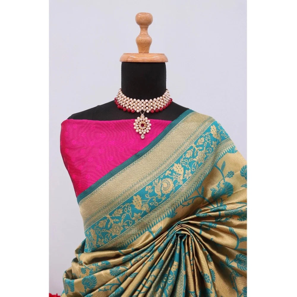 Women's Banarasi Printed Saree With Unstitched Blouse 5.5Mtr (Golden)