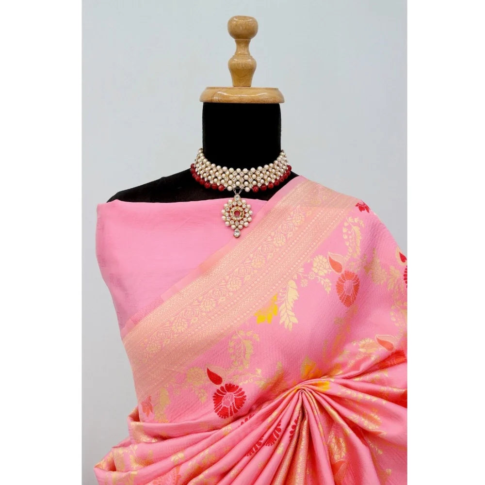 Women's Banarasi Printed Saree With Unstitched Blouse 5.5Mtr (Pink)
