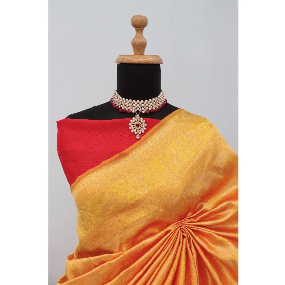 Women's Banarasi Printed Saree With Unstitched Blouse 5.5Mtr (Yellow)