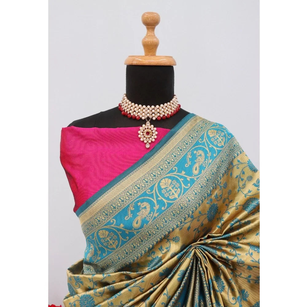 Women's Banarasi Printed Saree With Unstitched Blouse 5.5Mtr (Golden)