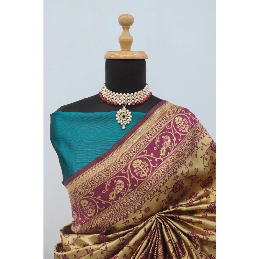 Women's Banarasi Printed Saree With Unstitched Blouse 5.5Mtr (Purple)