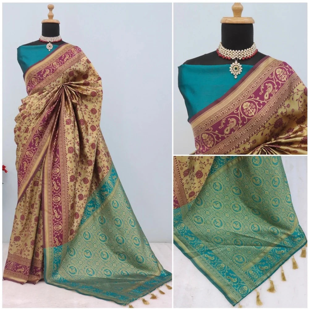 Women's Banarasi Printed Saree With Unstitched Blouse 5.5Mtr (Purple)