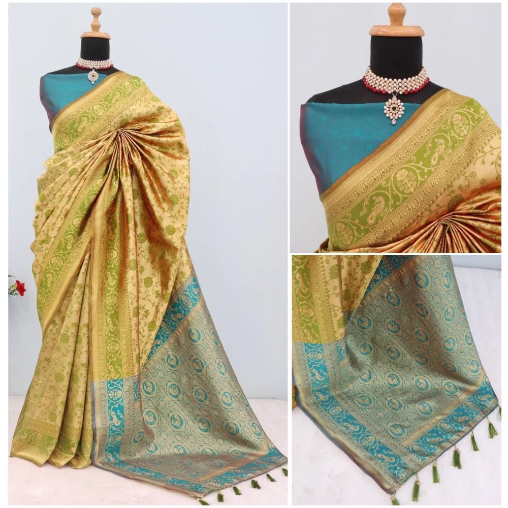 Women's Banarasi Printed Saree With Unstitched Blouse 5.5Mtr (Golden)