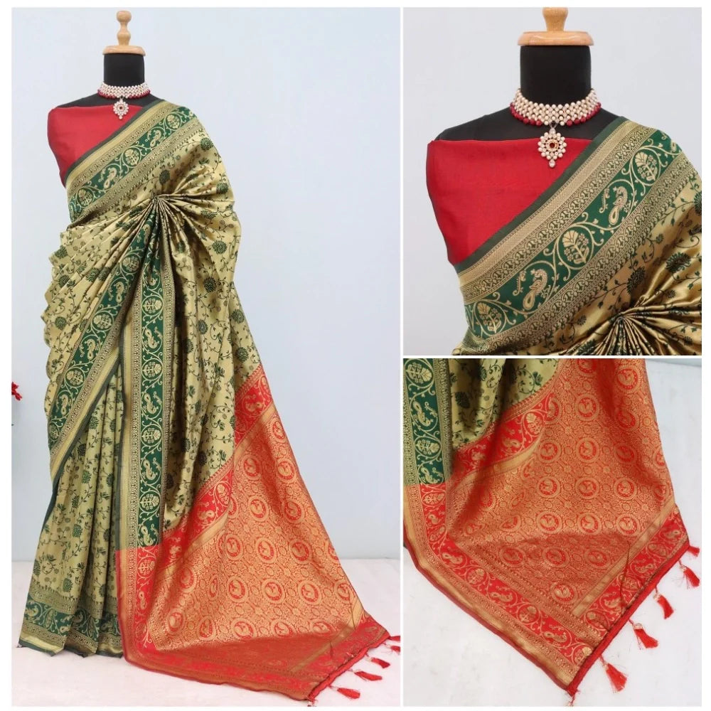 Women's Banarasi Printed Saree With Unstitched Blouse 5.5Mtr (Golden)