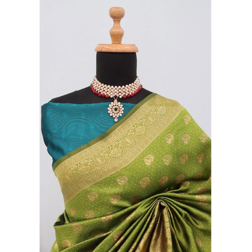 Women's Banarasi Printed Saree With Unstitched Blouse 5.5Mtr (Mehendi Green)
