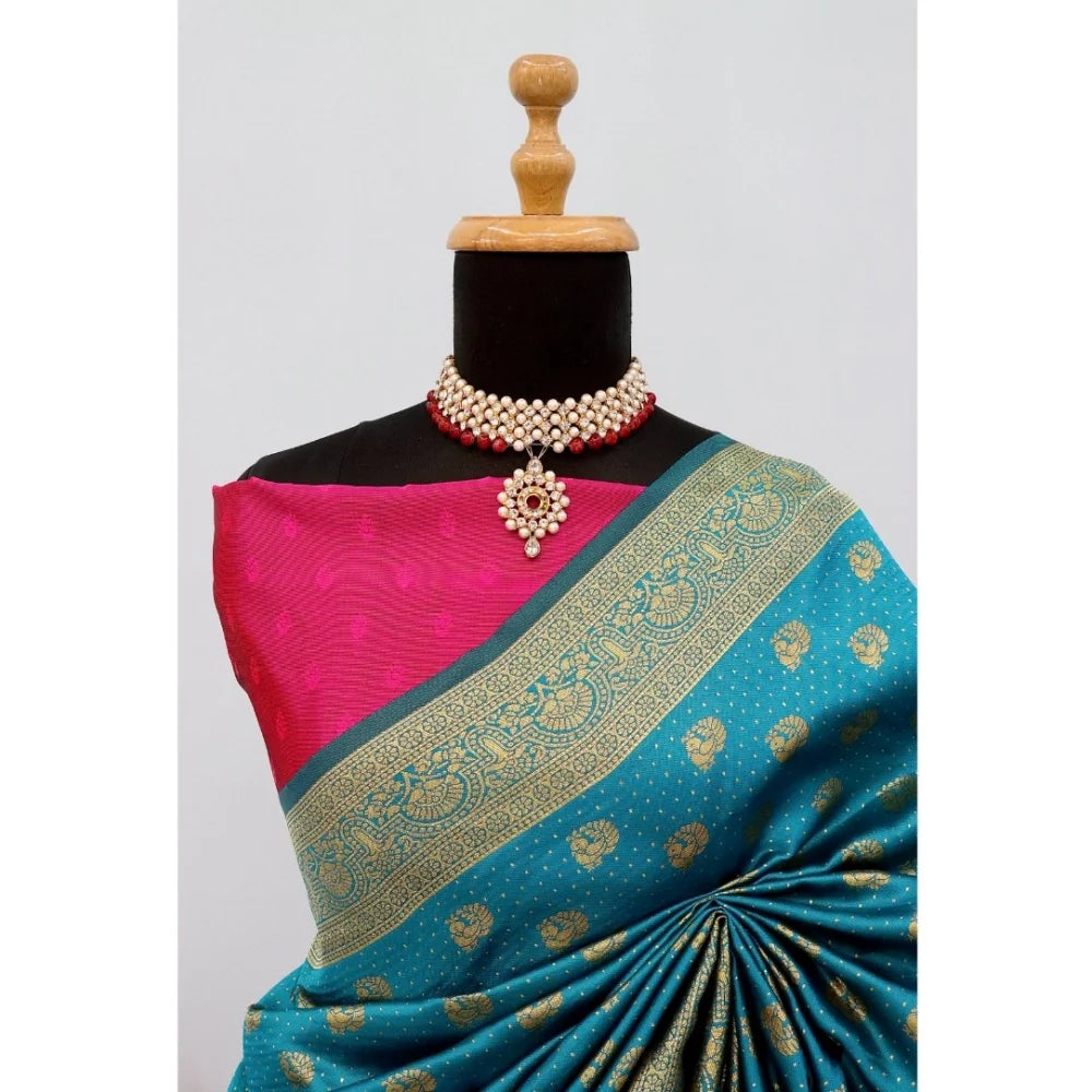 Women's Banarasi Printed Saree With Unstitched Blouse 5.5Mtr (Aqua Blue)
