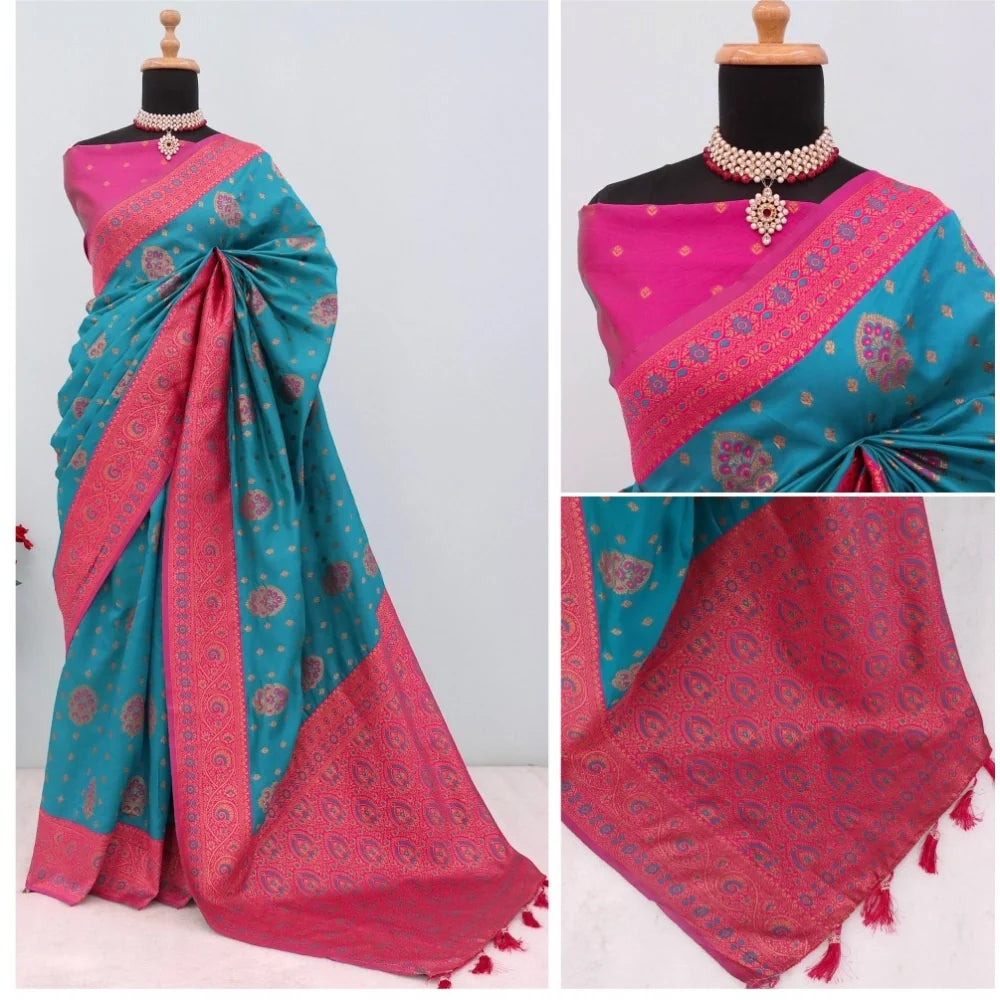 Women's Banarasi Printed Saree With Unstitched Blouse 5.5Mtr (Aqua Blue)