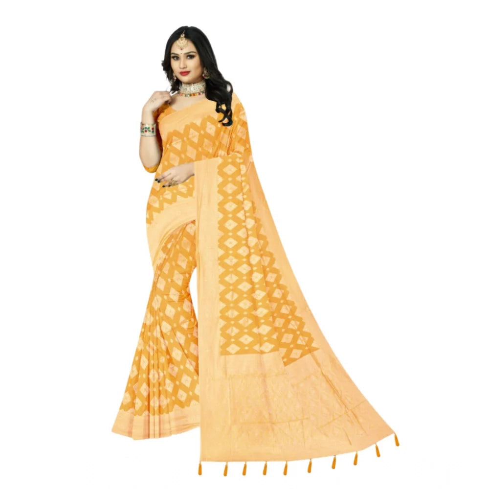 Women's Cotton Printed Saree With Unstitched Blouse 5.5Mtr (Yellow)