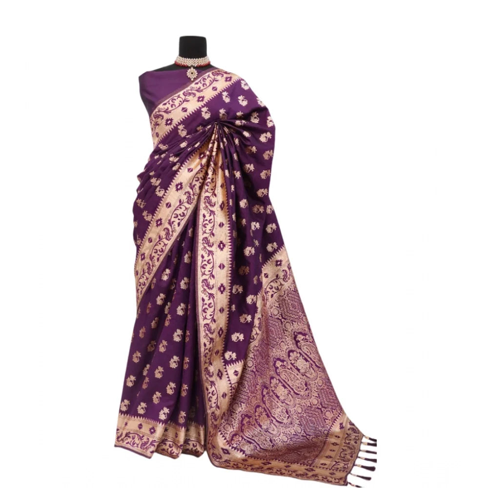 Women's Satin Printed Saree With Unstitched Blouse 5.5Mtr (Purple)
