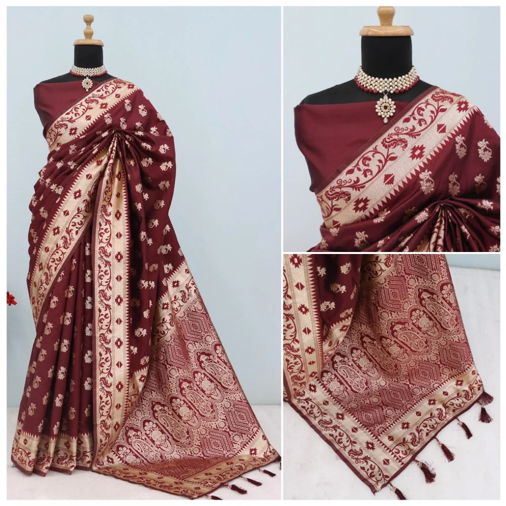 Women's Satin Printed Saree With Unstitched Blouse 5.5Mtr (Brown)