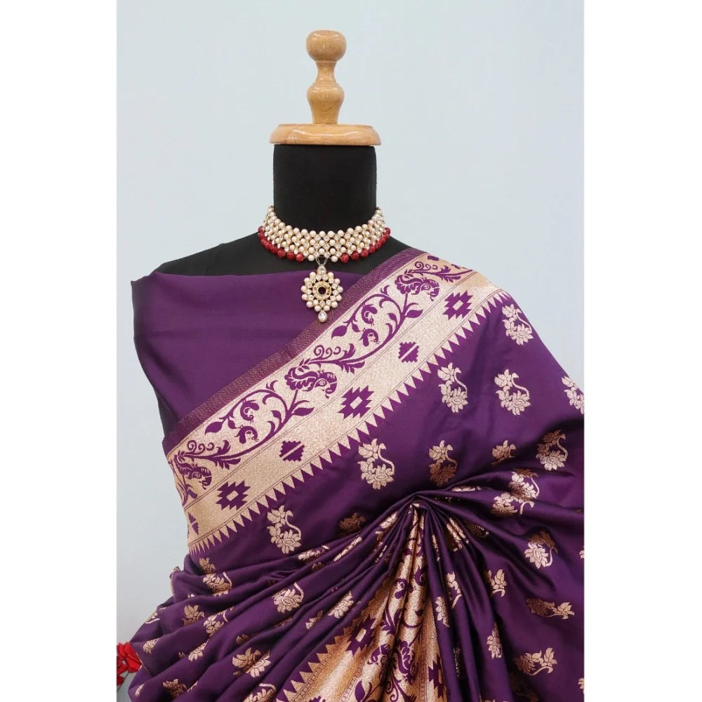 Women's Satin Printed Saree With Unstitched Blouse 5.5Mtr (Purple)