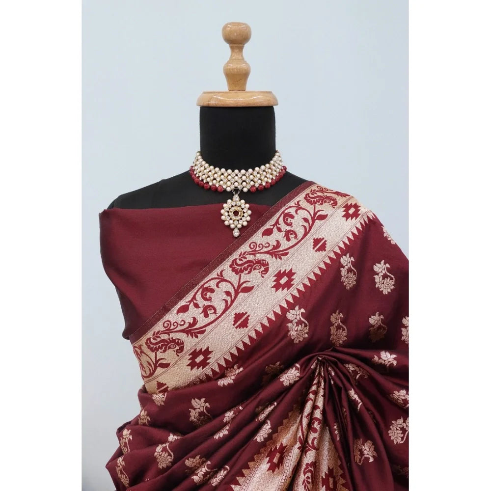 Women's Satin Printed Saree With Unstitched Blouse 5.5Mtr (Brown)