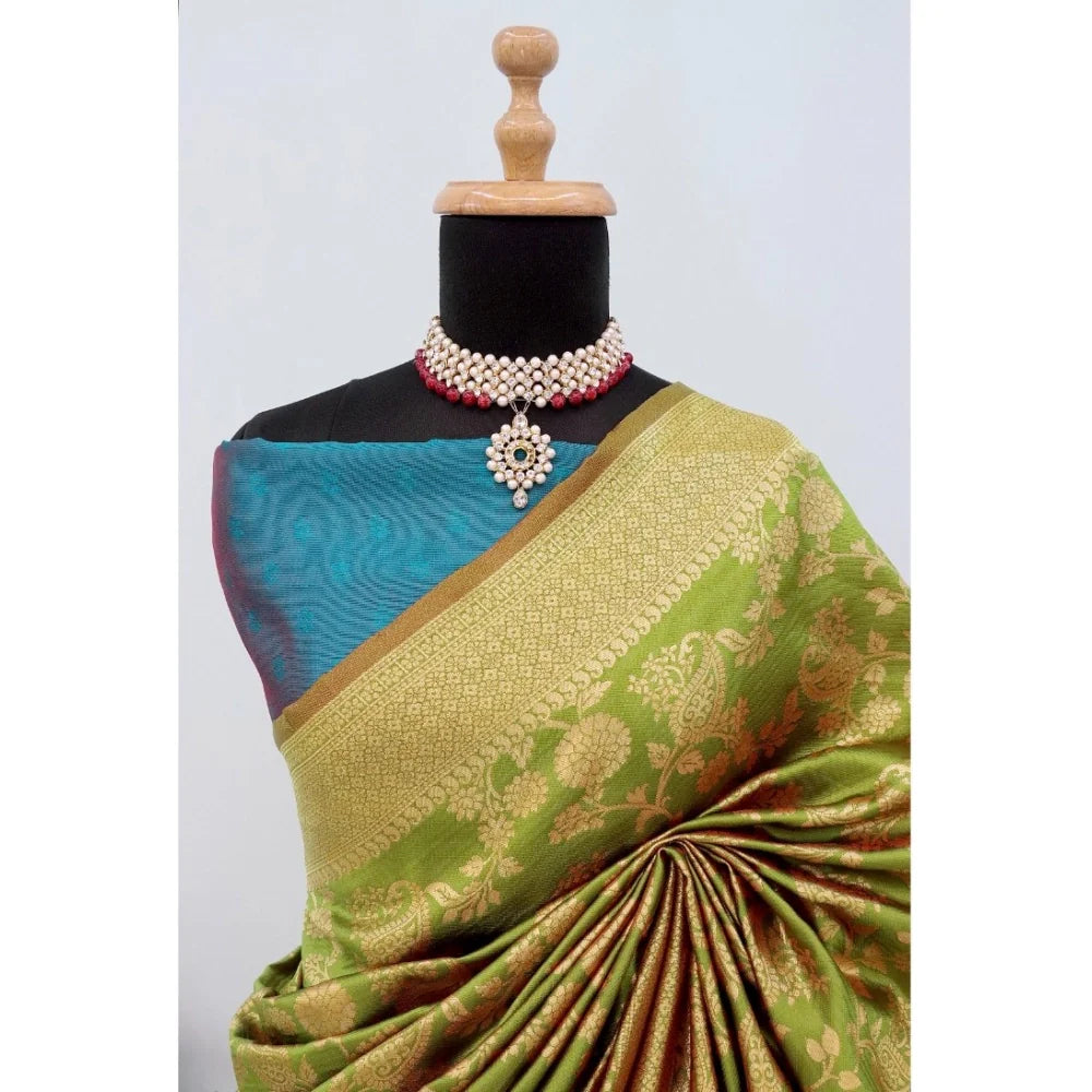 Women's Banarasi Printed Saree With Unstitched Blouse 5.5Mtr (Mehendi Green)