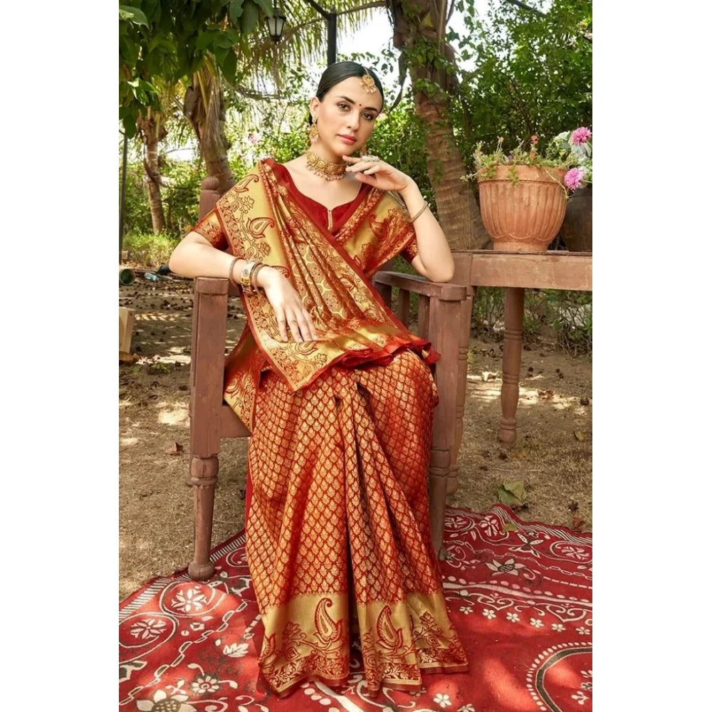 Women's Silk Woven Kanjivaram Saree With Unstitched Blouse (5.5Mtr, Red)