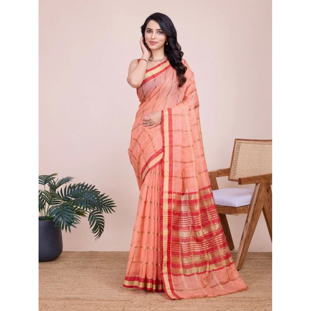 Women's Cotton Silk Checkered Kota Doria Saree With Unstitched Blouse (5.5Mtr, Peach)