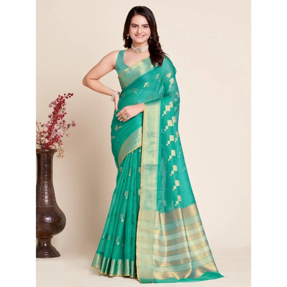 Women's Silk Blend Printed Banarasi Saree With Unstitched Blouse (5.5Mtr, Rama Green)