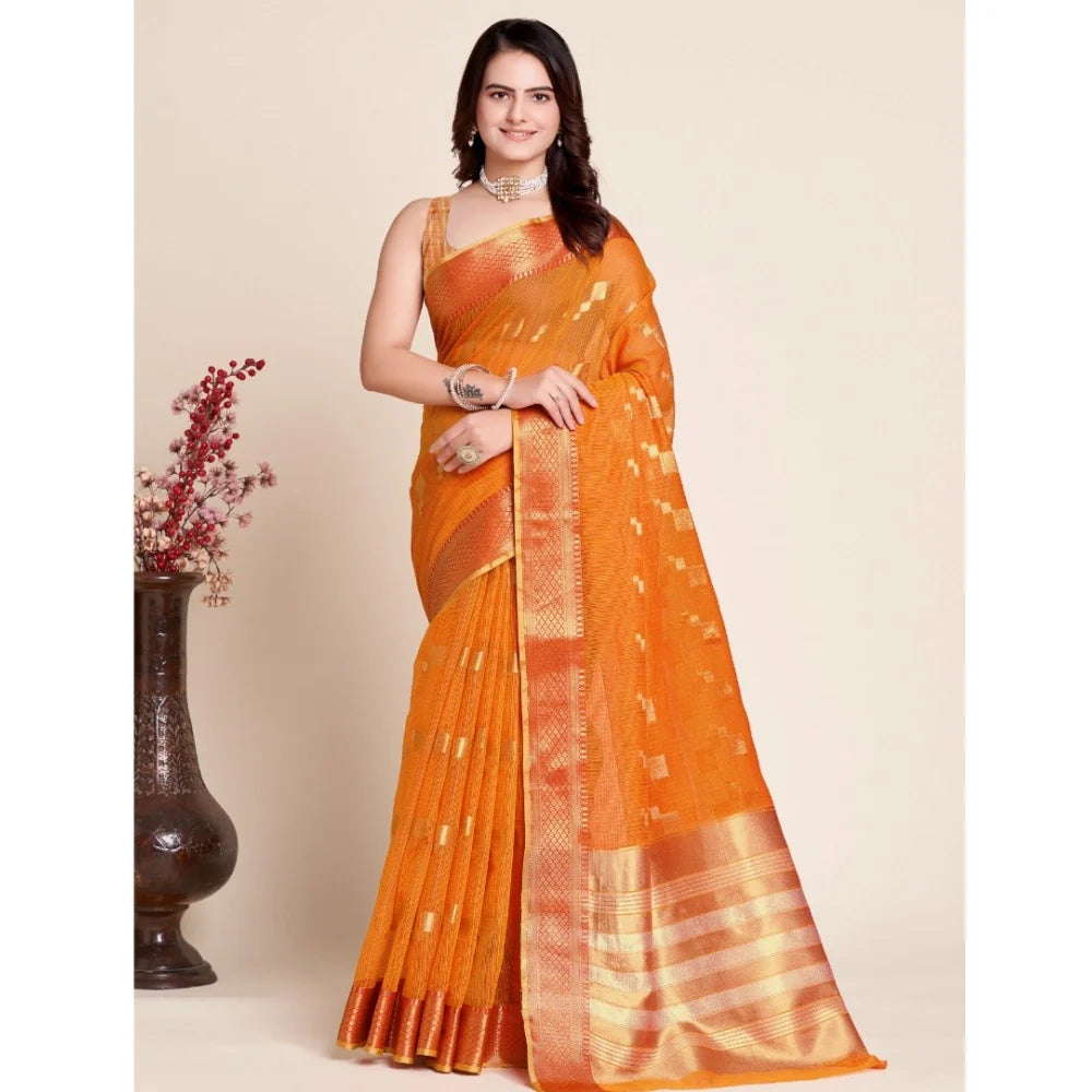 Women's Silk Blend Printed Banarasi Saree With Unstitched Blouse (5.5Mtr, Orange)
