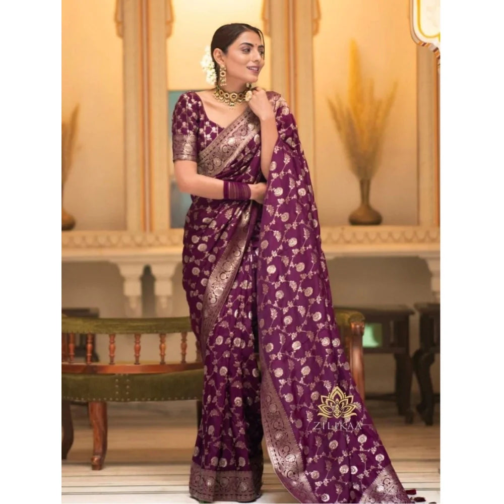 Women's Silk Woven Kanjivaram Saree With Unstitched Blouse (5.5Mtr, Dark Purple)