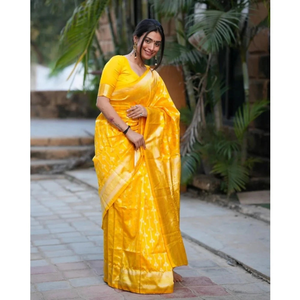 Women's Silk Blend Self Design Banarasi Saree With Unstitched Blouse (5.5Mtr, Yellow)