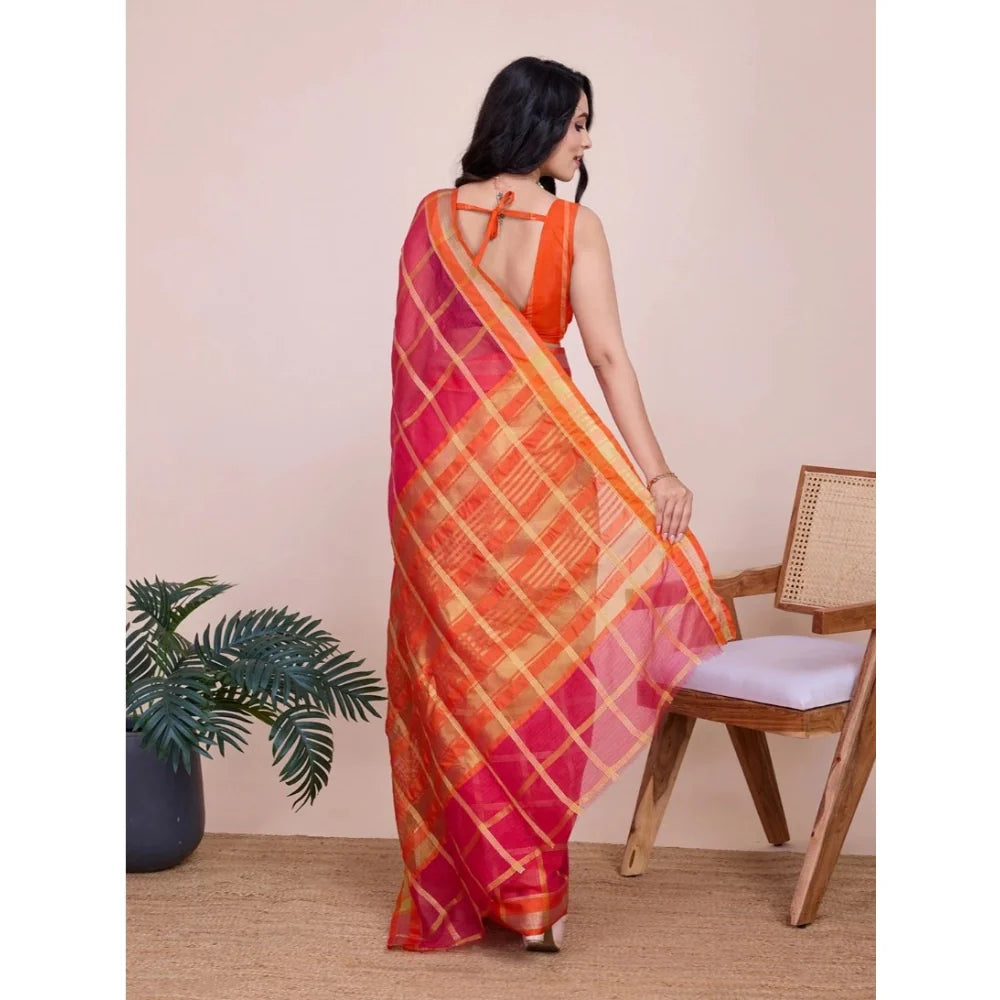 Women's Cotton Silk Checkered Kota Doria Saree With Unstitched Blouse (5.5Mtr, Red)