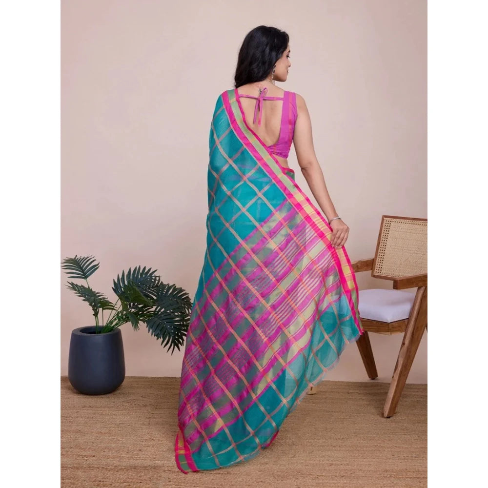 Women's Cotton Silk Checkered Kota Doria Saree With Unstitched Blouse (5.5Mtr, Rama)