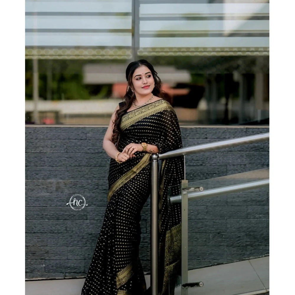 Women's Silk Woven Kanjivaram Saree With Unstitched Blouse (5.5Mtr, Black)
