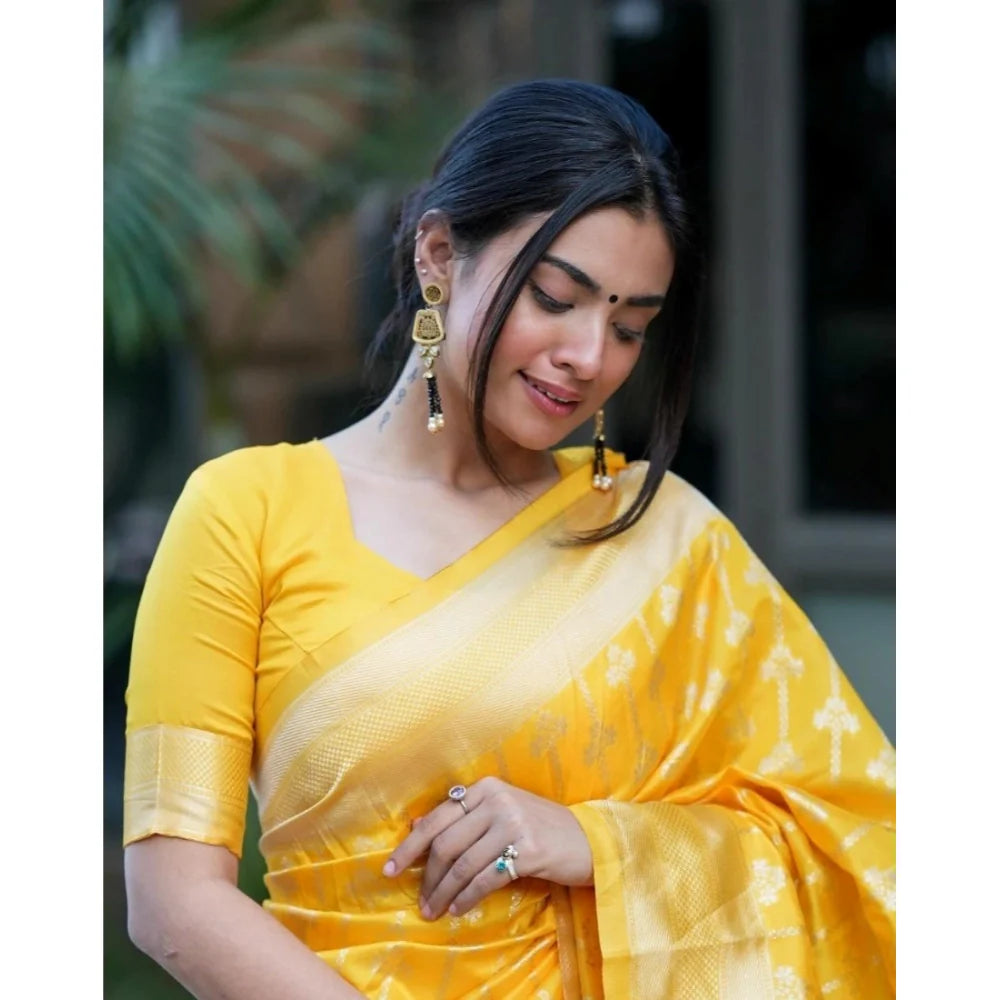 Women's Silk Blend Self Design Banarasi Saree With Unstitched Blouse (5.5Mtr, Yellow)