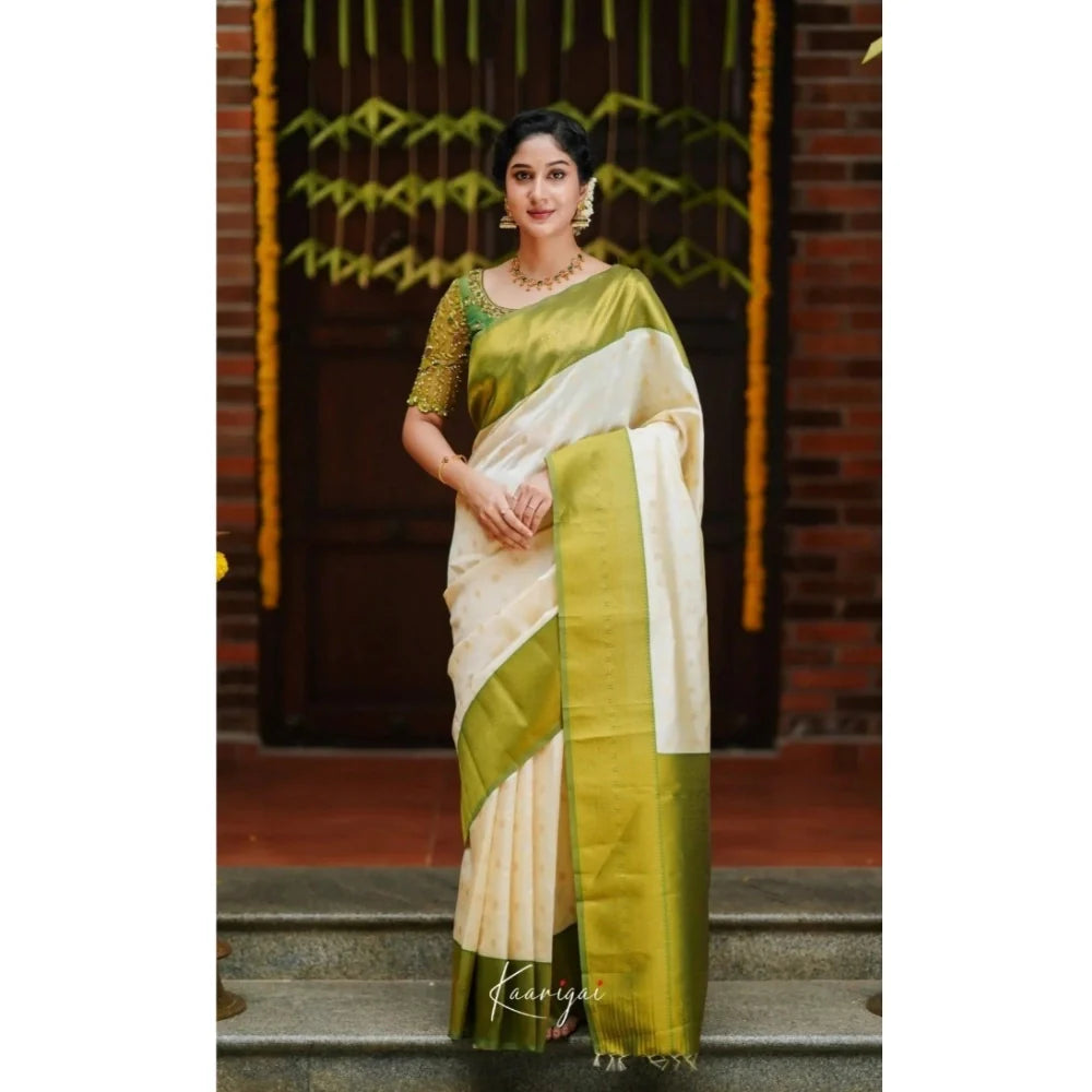 Women's Silk Blend Self Design Banarasi Saree With Unstitched Blouse (5.5Mtr, White Green)