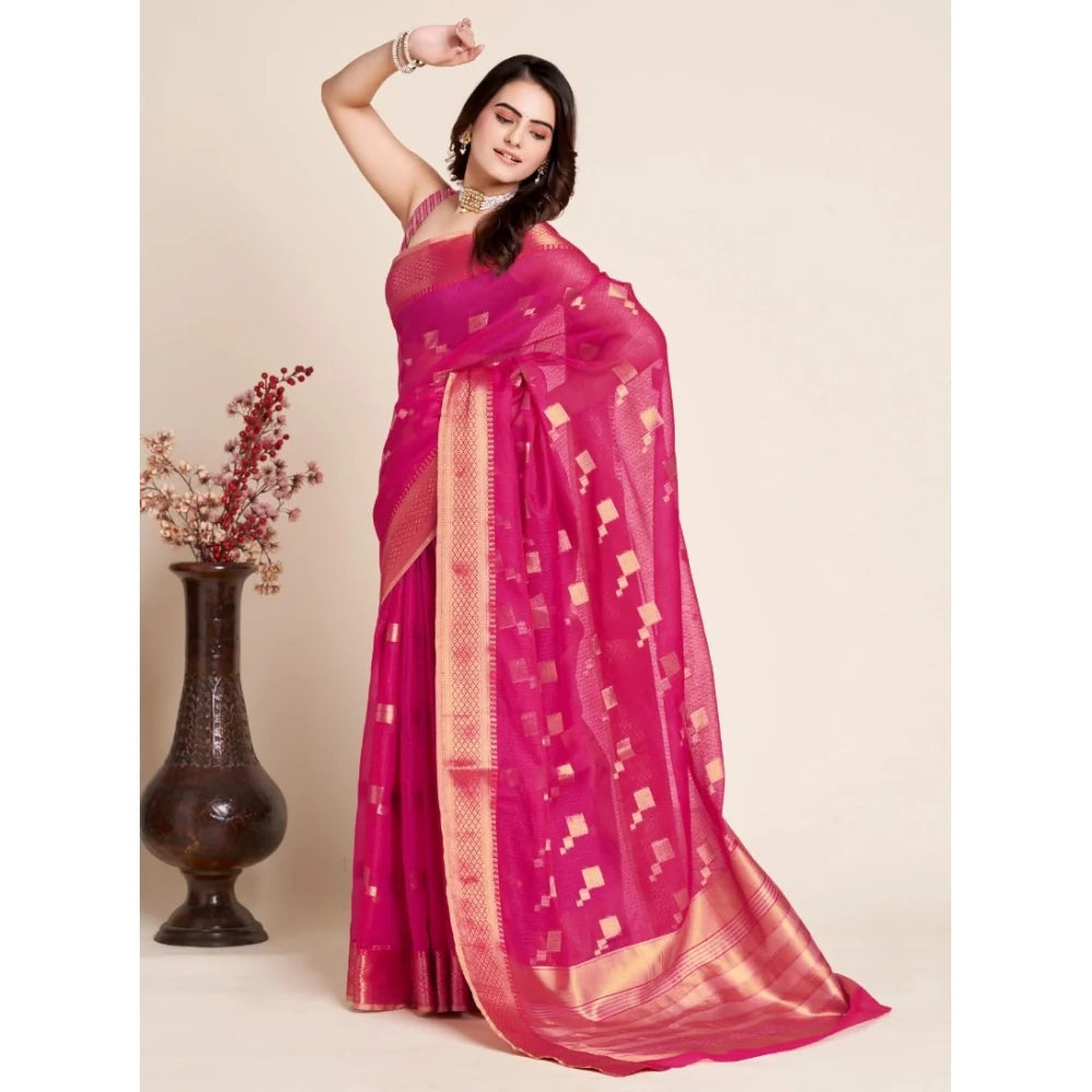 Women's Silk Blend Printed Banarasi Saree With Unstitched Blouse (5.5Mtr, Pink)