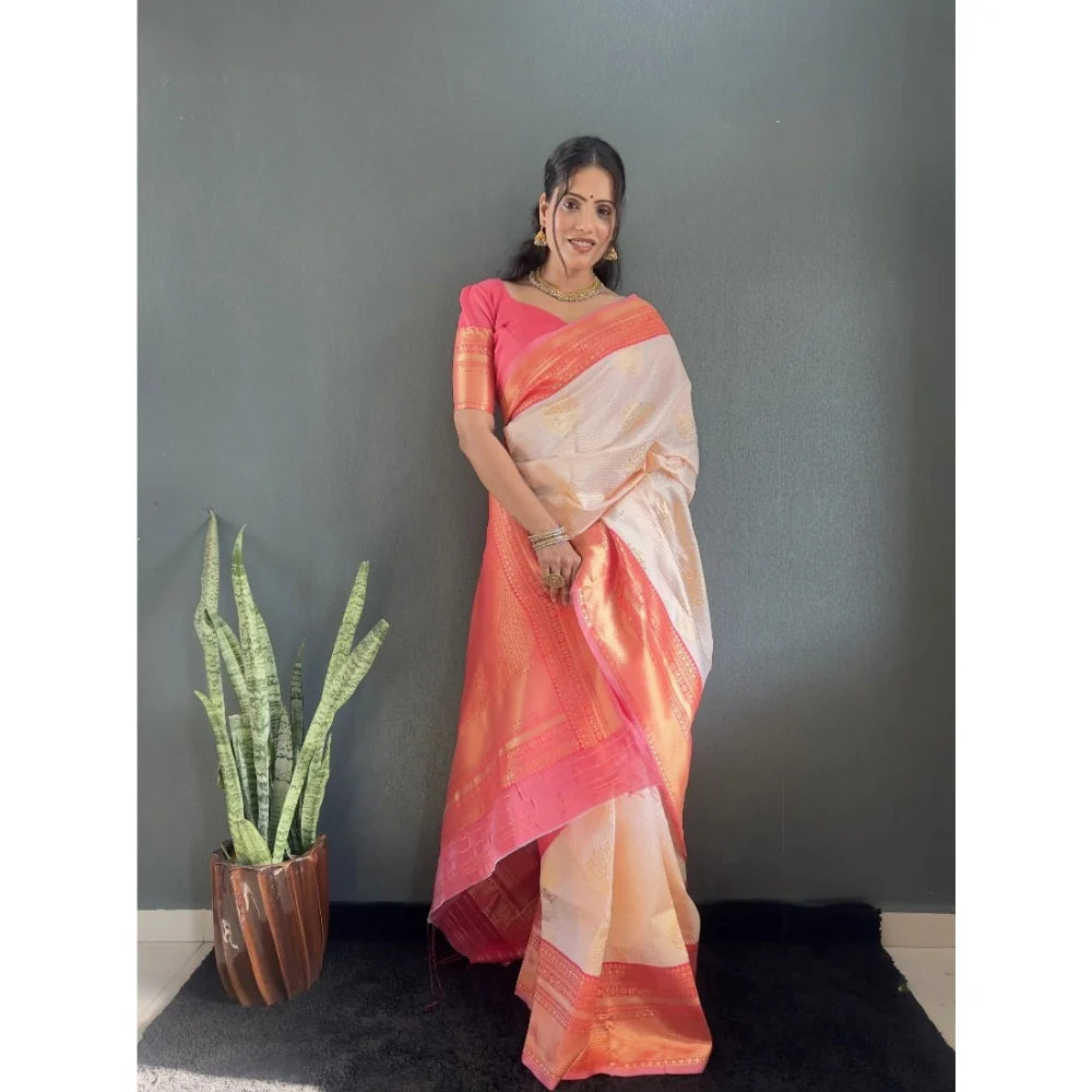 Women's Silk Blend Woven Kanjivaram Saree With Unstitched Blouse (5.5Mtr, Peach)