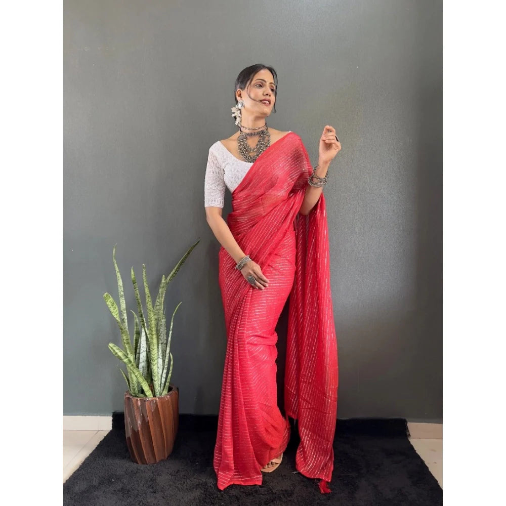 Women's Chiffon Woven Bollywood Saree With Unstitched Blouse (5.5Mtr, Red)