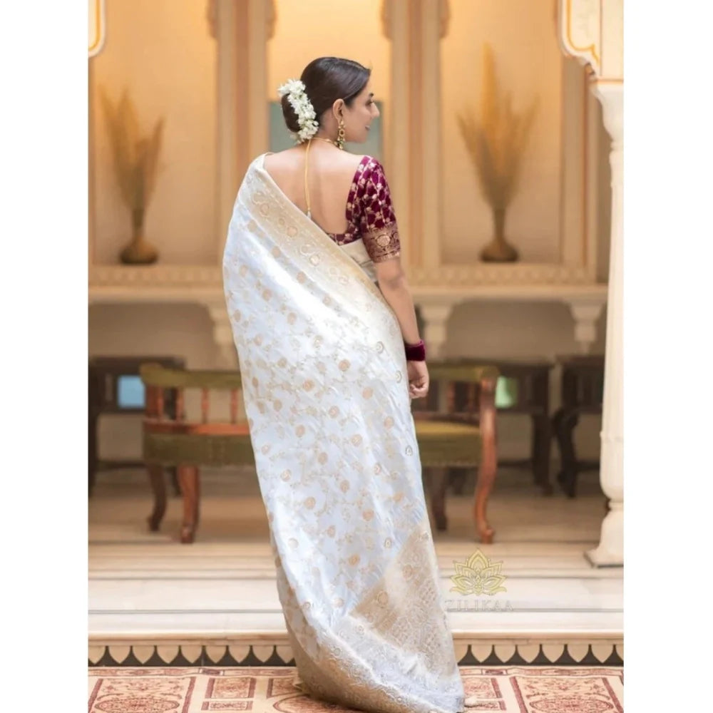 Women's Silk Woven Kanjivaram Saree With Unstitched Blouse (5.5Mtr, White)