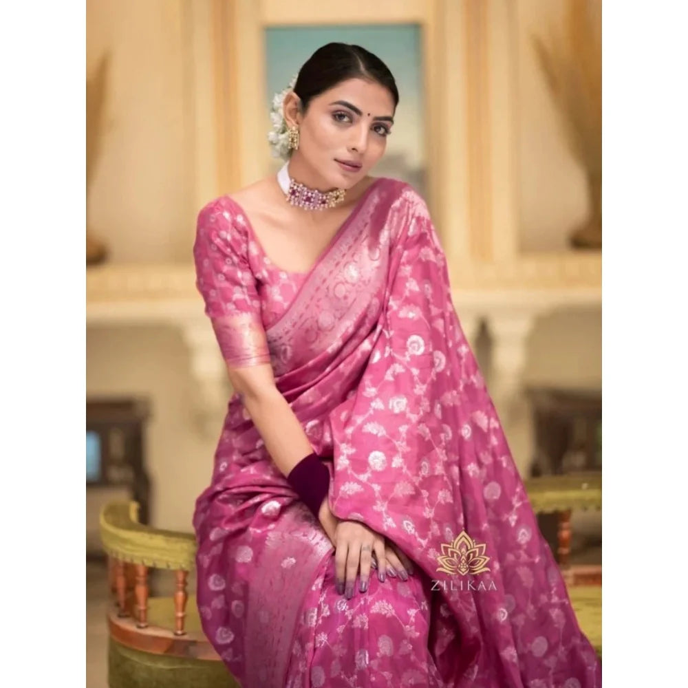 Women's Silk Woven Kanjivaram Saree With Unstitched Blouse (5.5Mtr, Pink)