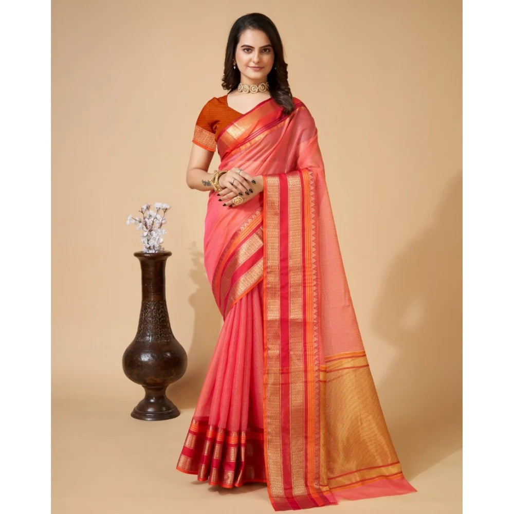 Women's Cotton Blend Woven  Saree With Unstitched Blouse (5.5Mtr, Pink)
