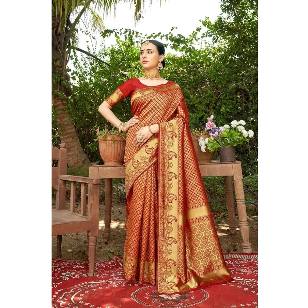 Women's Silk Woven Kanjivaram Saree With Unstitched Blouse (5.5Mtr, Red)