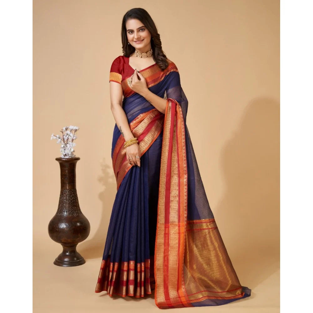 Women's Cotton Blend Woven  Saree With Unstitched Blouse (5.5Mtr, Navy Blue)
