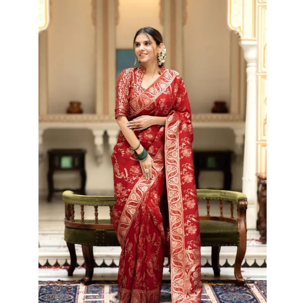 Women's Pure Cotton Woven Arani Pattu Saree With Unstitched Blouse (5.5Mtr, Red)