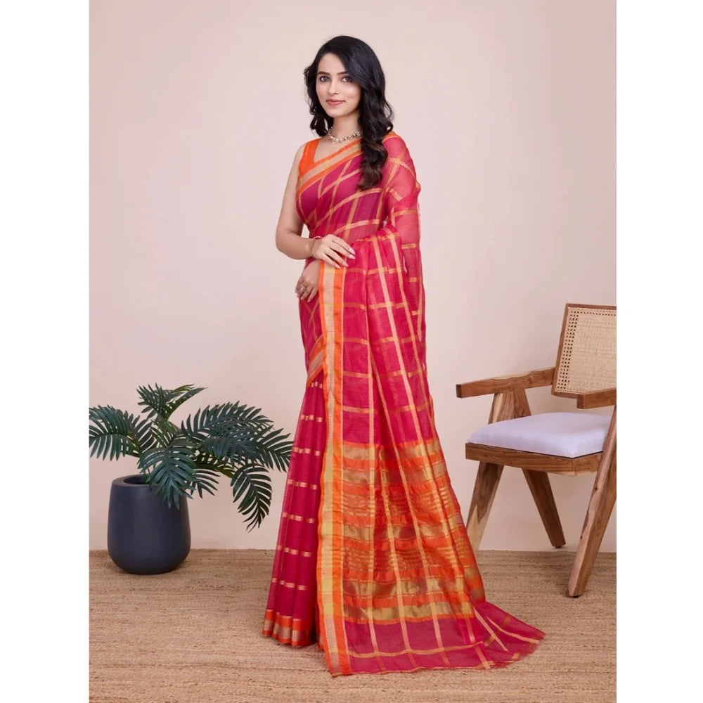 Women's Cotton Silk Checkered Kota Doria Saree With Unstitched Blouse (5.5Mtr, Red)