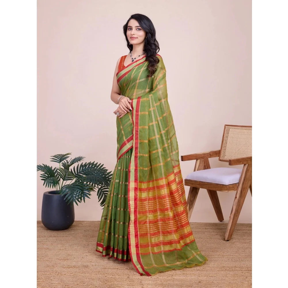 Women's Cotton Silk Checkered Kota Doria Saree With Unstitched Blouse (5.5Mtr, Mehendi)