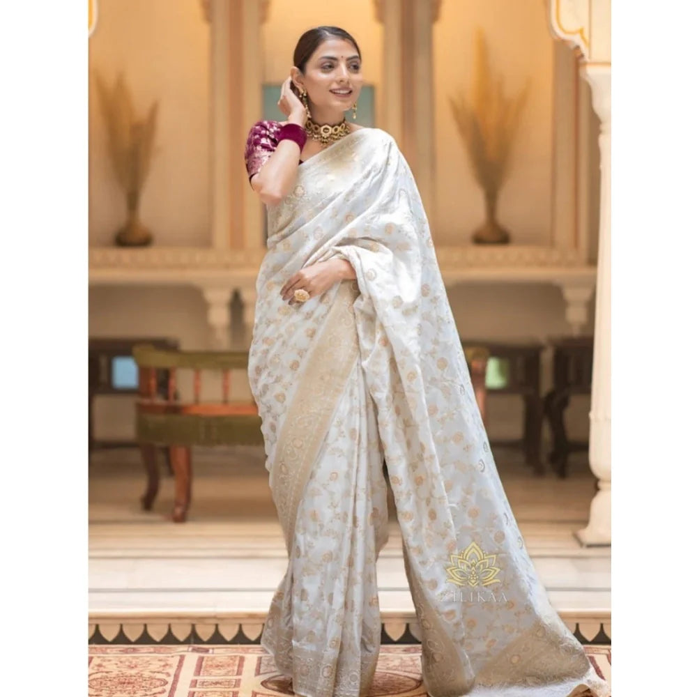 Women's Silk Woven Kanjivaram Saree With Unstitched Blouse (5.5Mtr, White)
