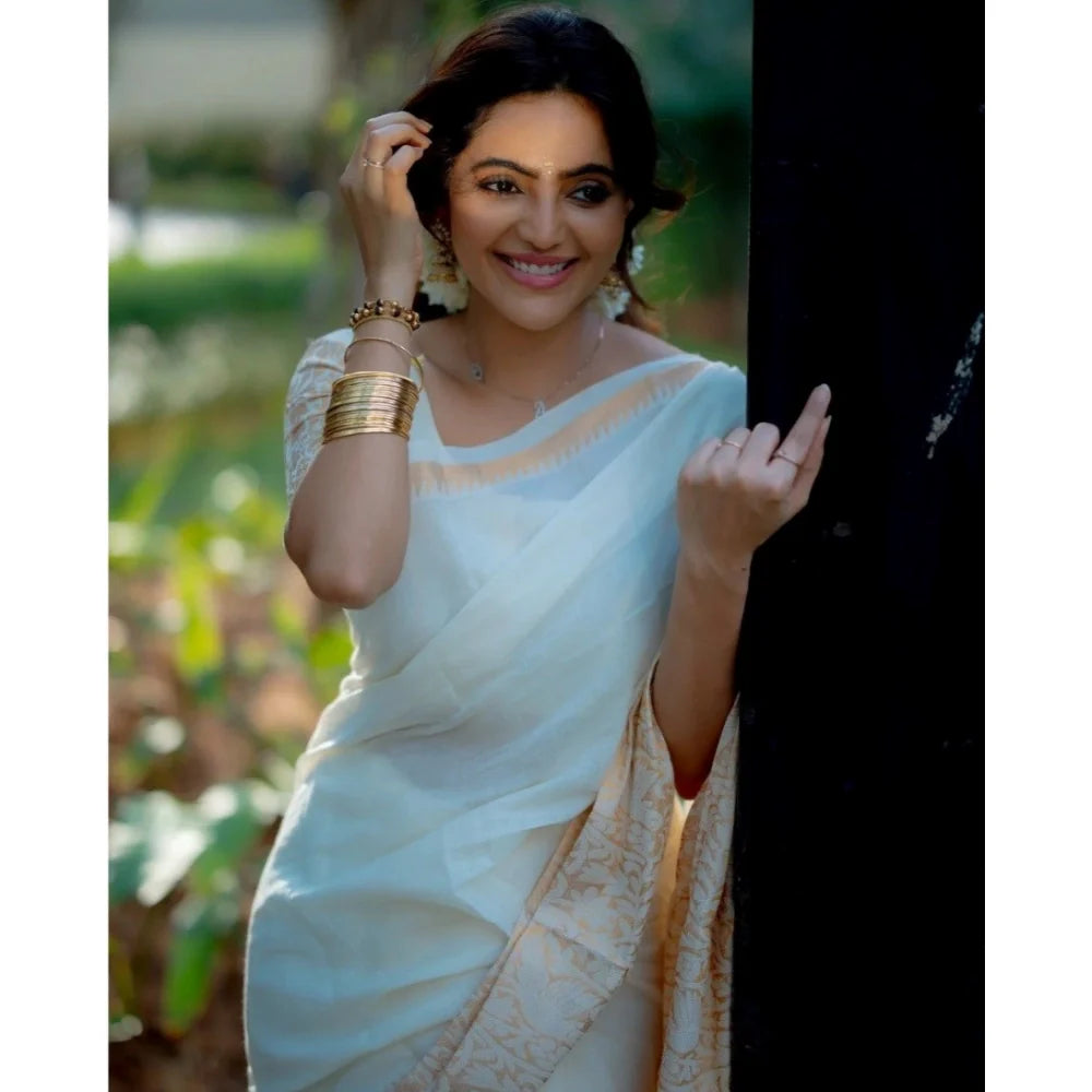 Women's Silk Blend Self Design Bollywood Saree With Unstitched Blouse (5.5Mtr, White)