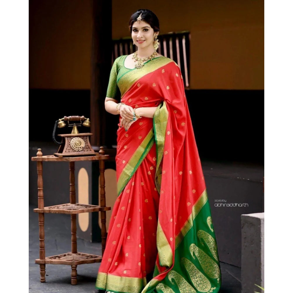 Women's Silk Blend Self Design Banarasi Saree With Unstitched Blouse (5.5Mtr, Red Green)