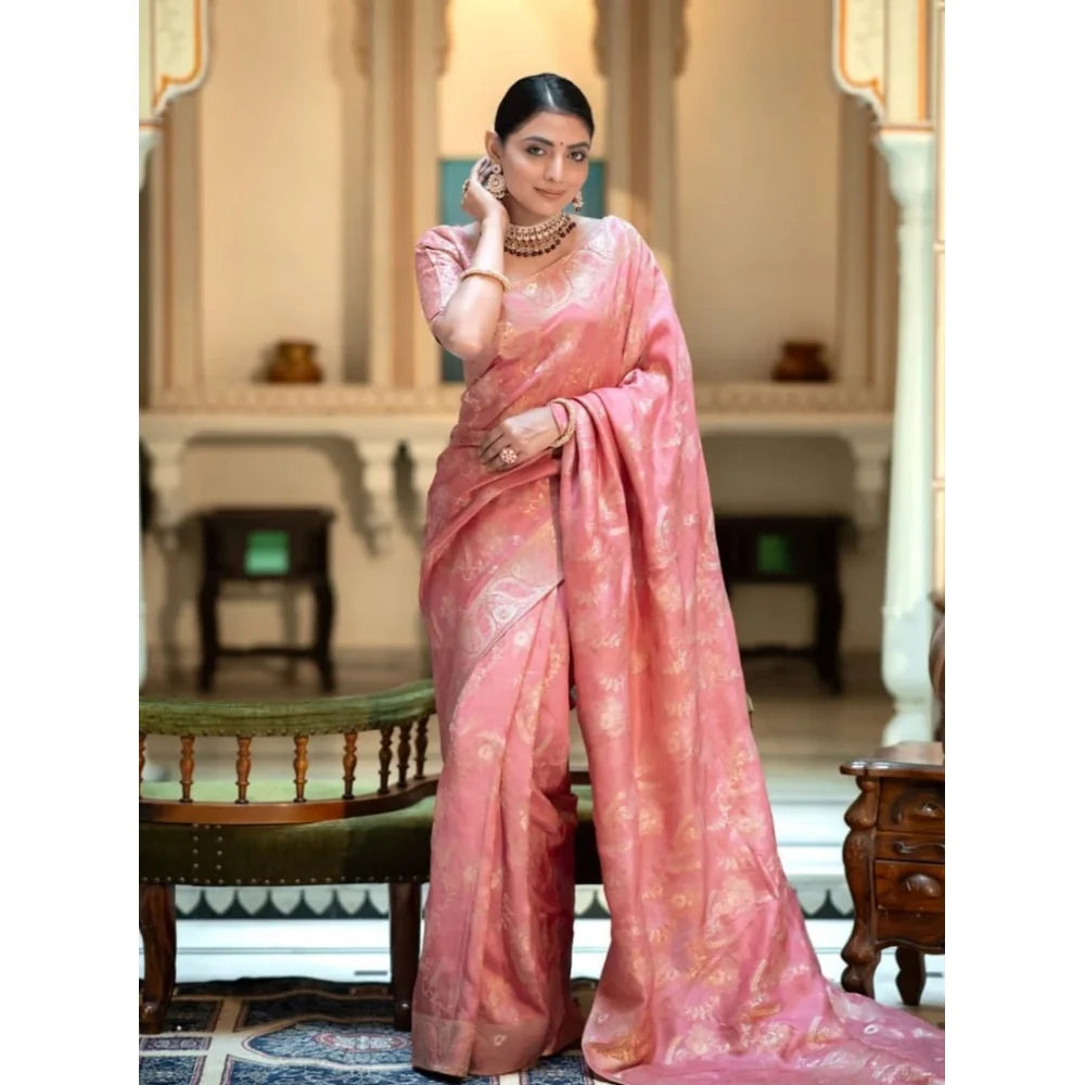 Women's Art Silk Embellished Kanjivaram Saree With Unstitched Blouse (5.5Mtr, Peach)