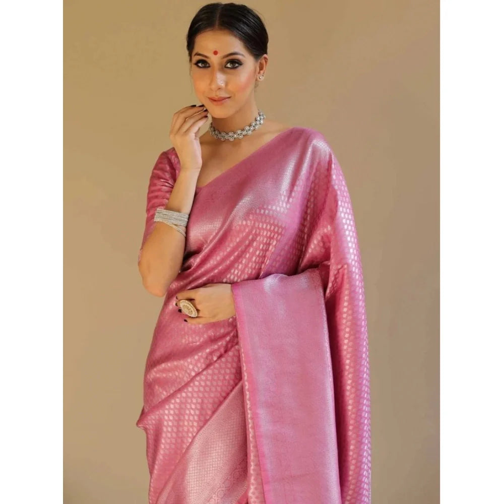 Women's Silk Blend Woven Kanjivaram Saree With Unstitched Blouse (5.5Mtr, Pink)