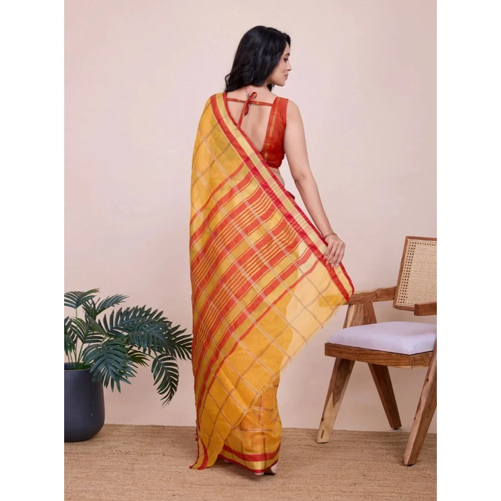 Women's Cotton Silk Checkered Kota Doria Saree With Unstitched Blouse (5.5Mtr, Yellow)