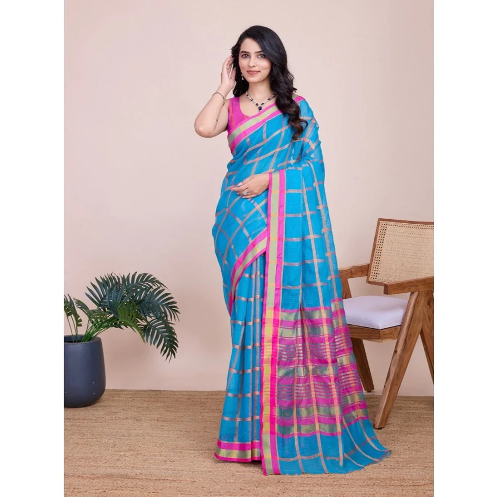 Women's Cotton Silk Checkered Kota Doria Saree With Unstitched Blouse (5.5Mtr, Sky Blue)
