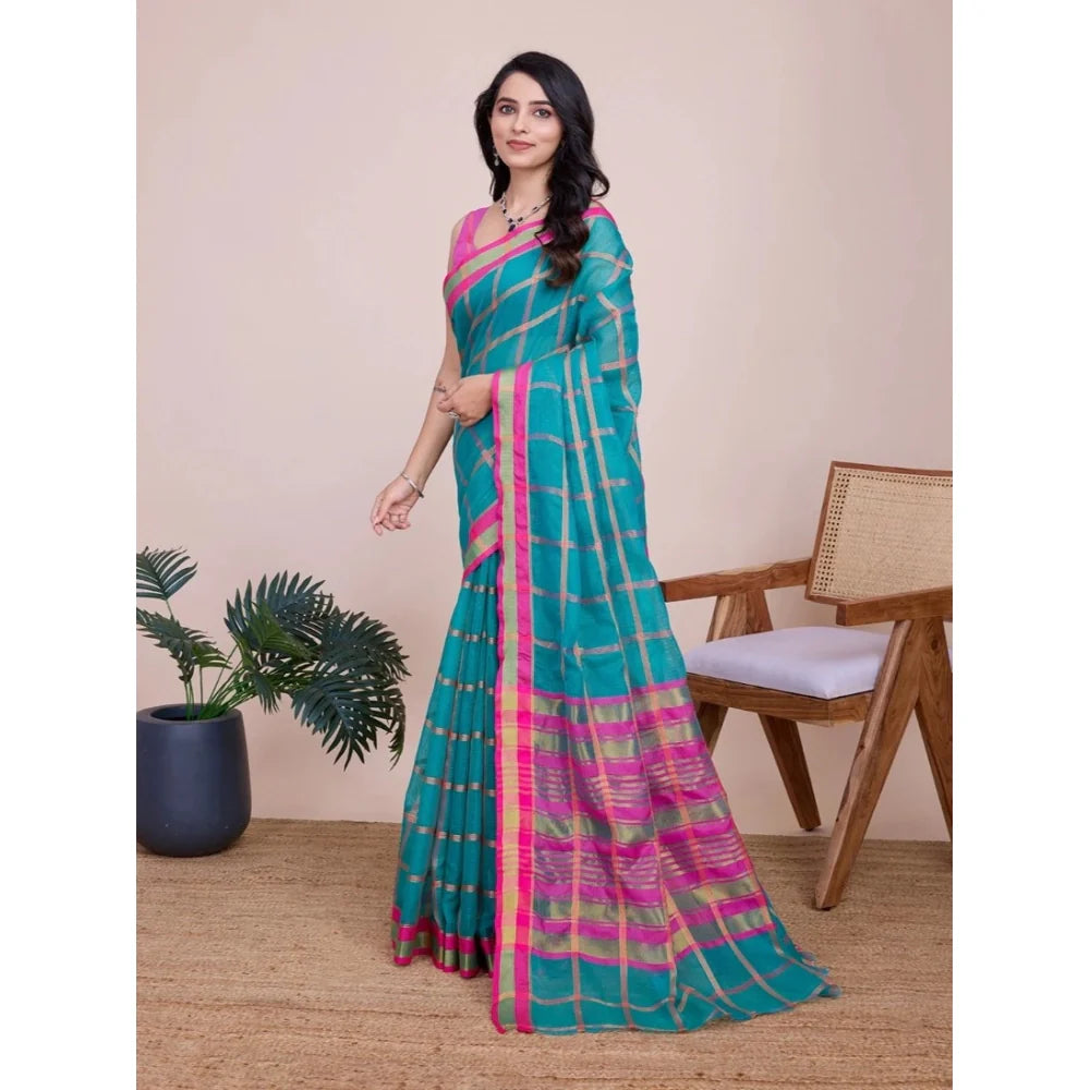 Women's Cotton Silk Checkered Kota Doria Saree With Unstitched Blouse (5.5Mtr, Rama)