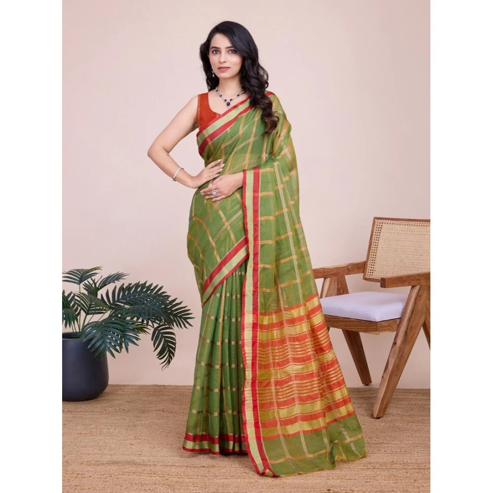 Women's Cotton Silk Checkered Kota Doria Saree With Unstitched Blouse (5.5Mtr, Mehendi)