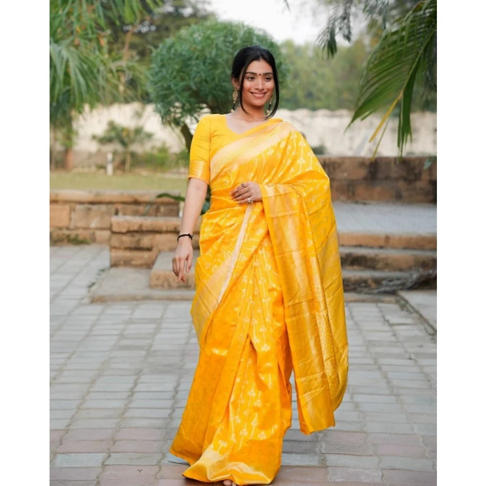 Women's Silk Blend Self Design Banarasi Saree With Unstitched Blouse (5.5Mtr, Yellow)