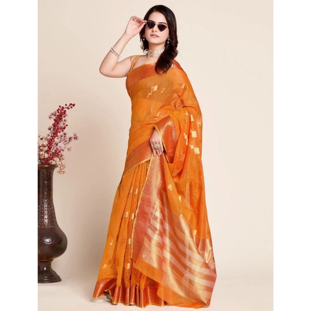 Women's Silk Blend Printed Banarasi Saree With Unstitched Blouse (5.5Mtr, Orange)